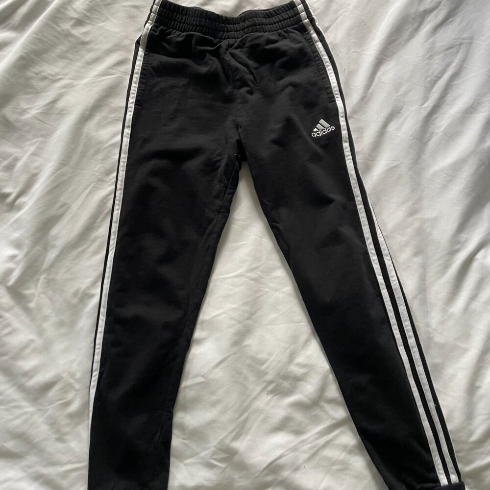Adidas Track Pants Joggers Pull On Athleisure Black White Youth Medium 10-12